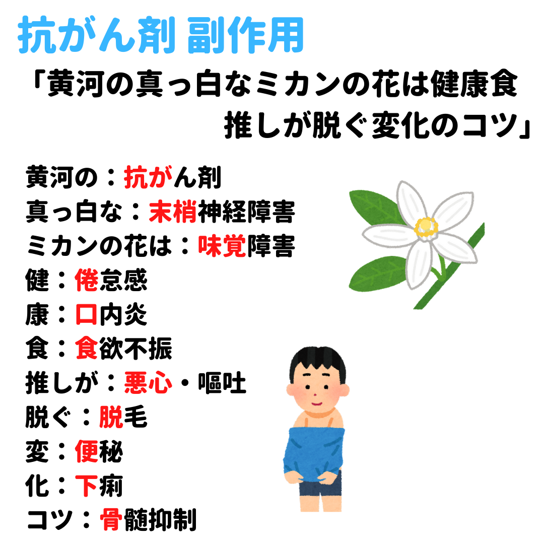 抗がん剤 副作用 覚え方 語呂合わせ|*看護国試ゴロ*看護師国家試験対策 絶対合格するぞ! 抗がん剤 副作用 覚え方 語呂合わせ|*看護国試ゴロ*看護師国家試験対策 絶対合格するぞ!
