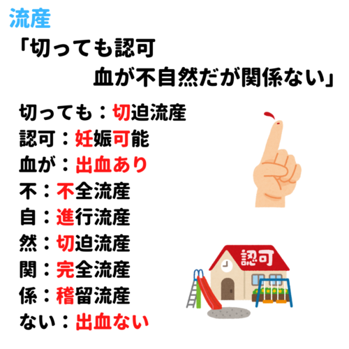 流産 切迫流産 進行流産 完全流産 不全流産 稽留流産 覚え方 語呂合わせ 看護国試ゴロ 看護師国家試験対策 絶対合格するぞ