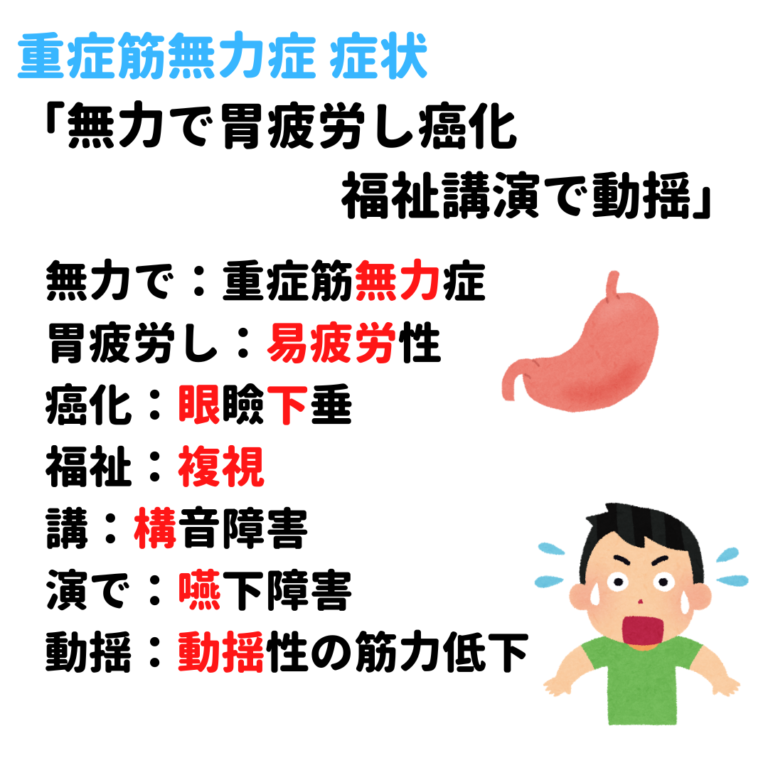 重症筋無力症 症状 覚え方 語呂合わせ｜＊看護国試ゴロ＊看護師国家試験対策 絶対合格するぞ！