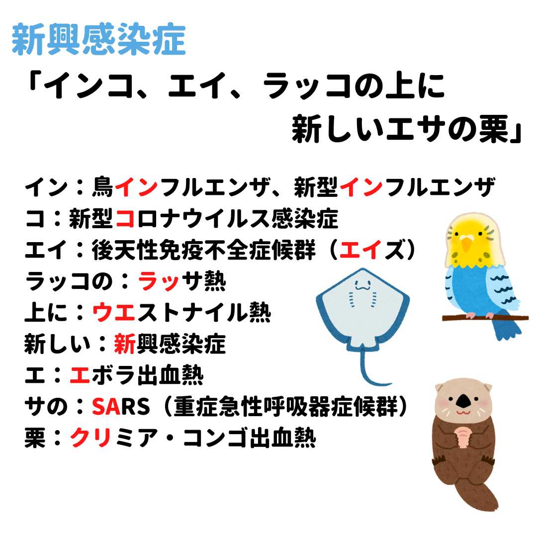新興感染症・再興感染症 覚え方 語呂合わせ｜＊看護国試ゴロ＊看護師国家試験対策 絶対合格するぞ！